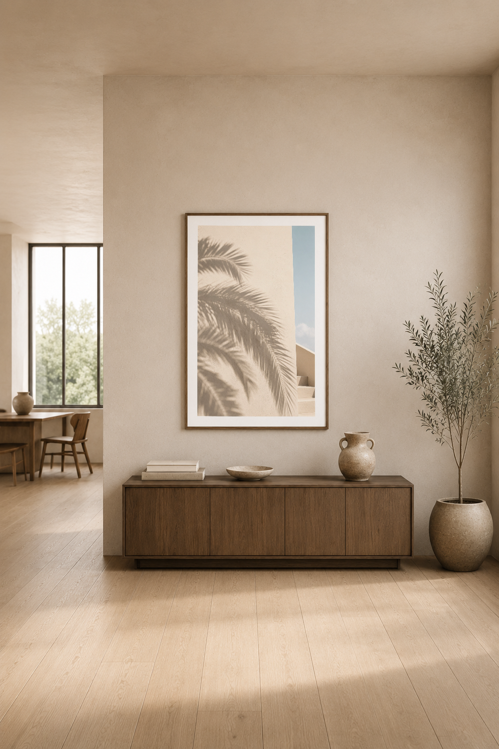 Salon duvarında asılı, minimalist hurma yaprağı posteri, doğal ışık ve ahşap konsolu ile zarif iç dekorasyonun parçası.