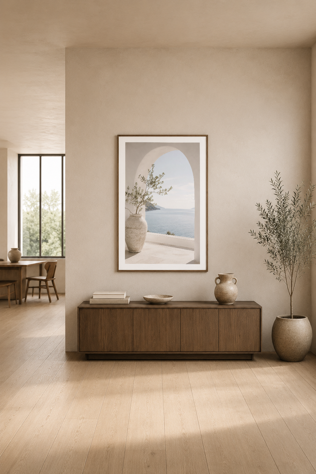 Minimalist oturma alanında, deniz manzaralı tabla konsol üstünde ahşap çerçevede duruyor.