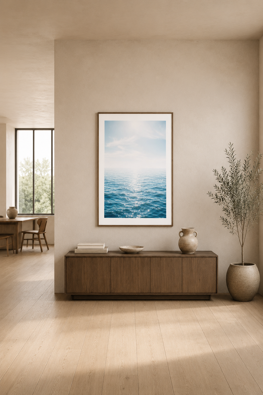 Minimalist oturma odasında, ahşap şiddenin üstünde asılı açık mavi deniz görüntüsü tablosu.