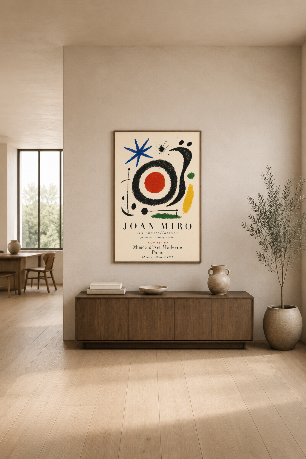Modern bir salon ortamında, konsol üzerinde asılı duran Joan Miró poster tablosunun şık ve minimalist görünümü.