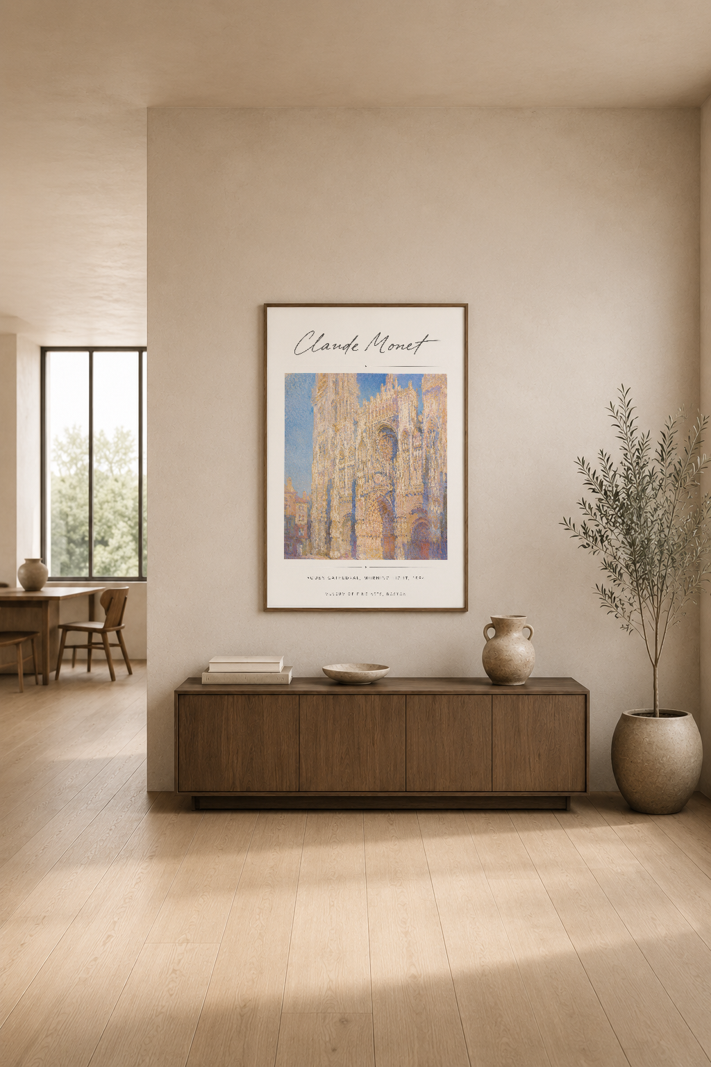 Monet'nin ünlü Katedrali serisi, minimalist tasarımlı oturma odasında duvara asılı, sakin ve sofistike atmosfer.