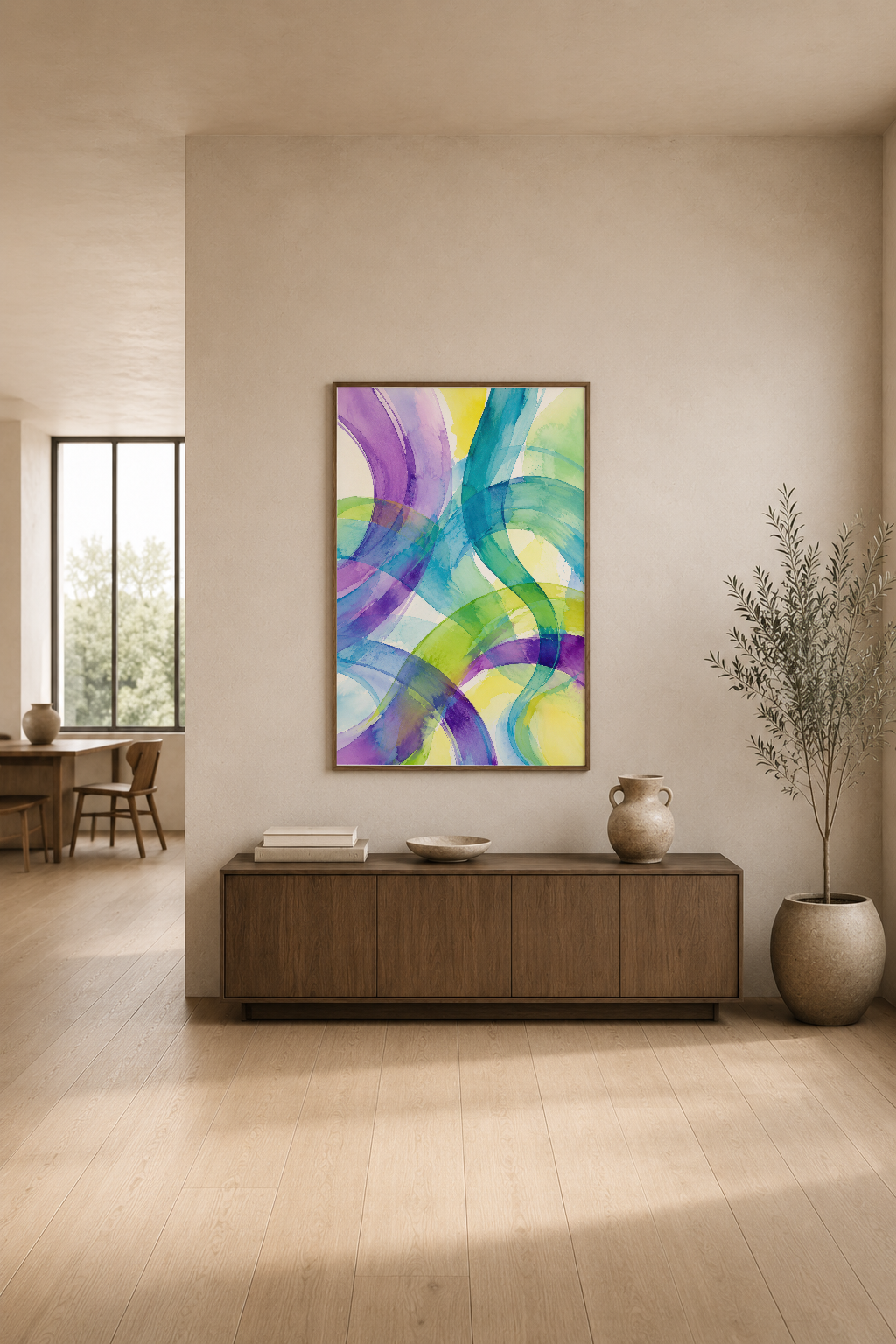 Pastel tonlu oturma odasında, rengarenk desen şapraz çizgiler içeren modern sanat tablosu.