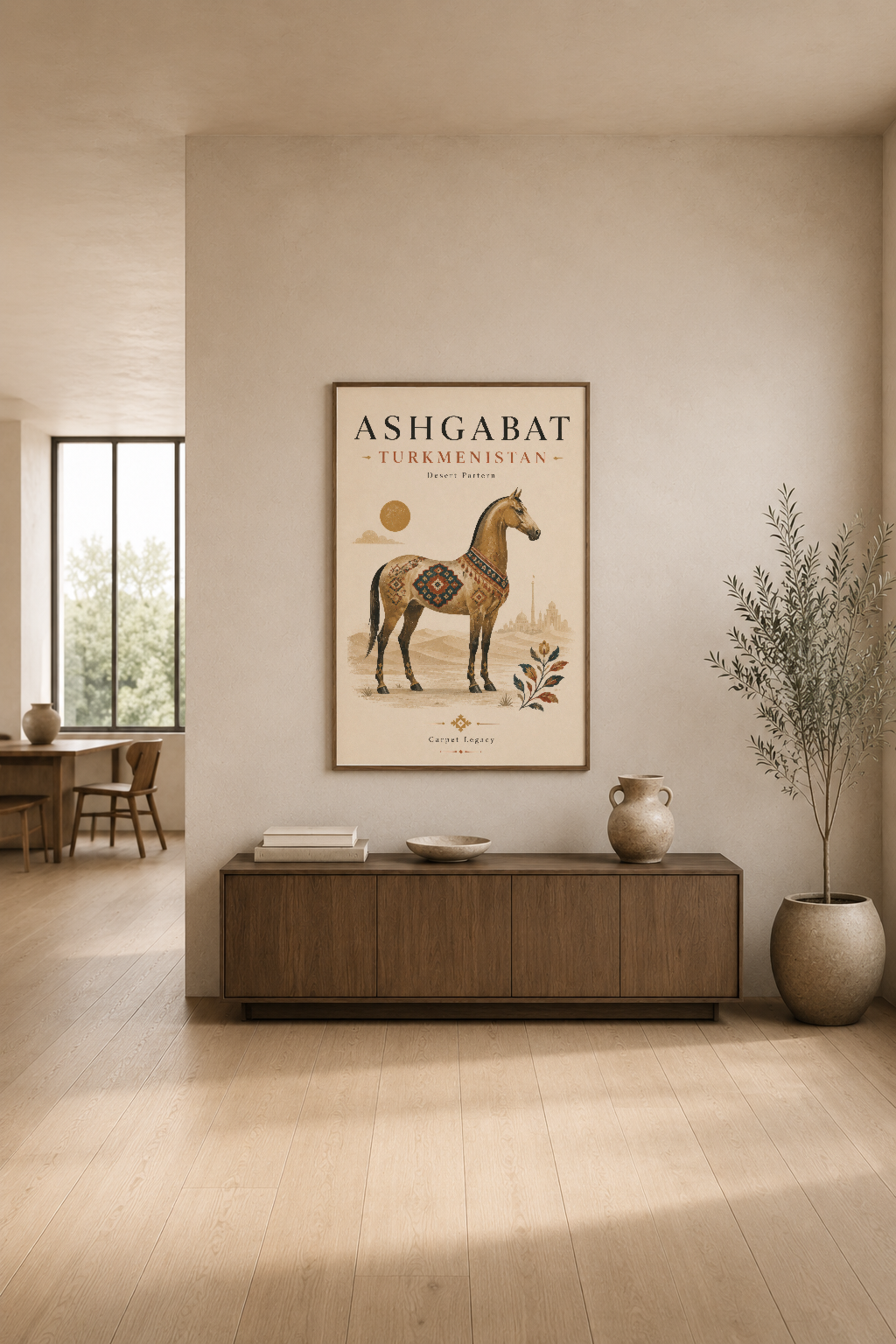 Ashgabat Turkmenistan poster, zarif at illüstrasyonu ve doğal tonlar, modern minimalist iç mekan dekorasyonunda.