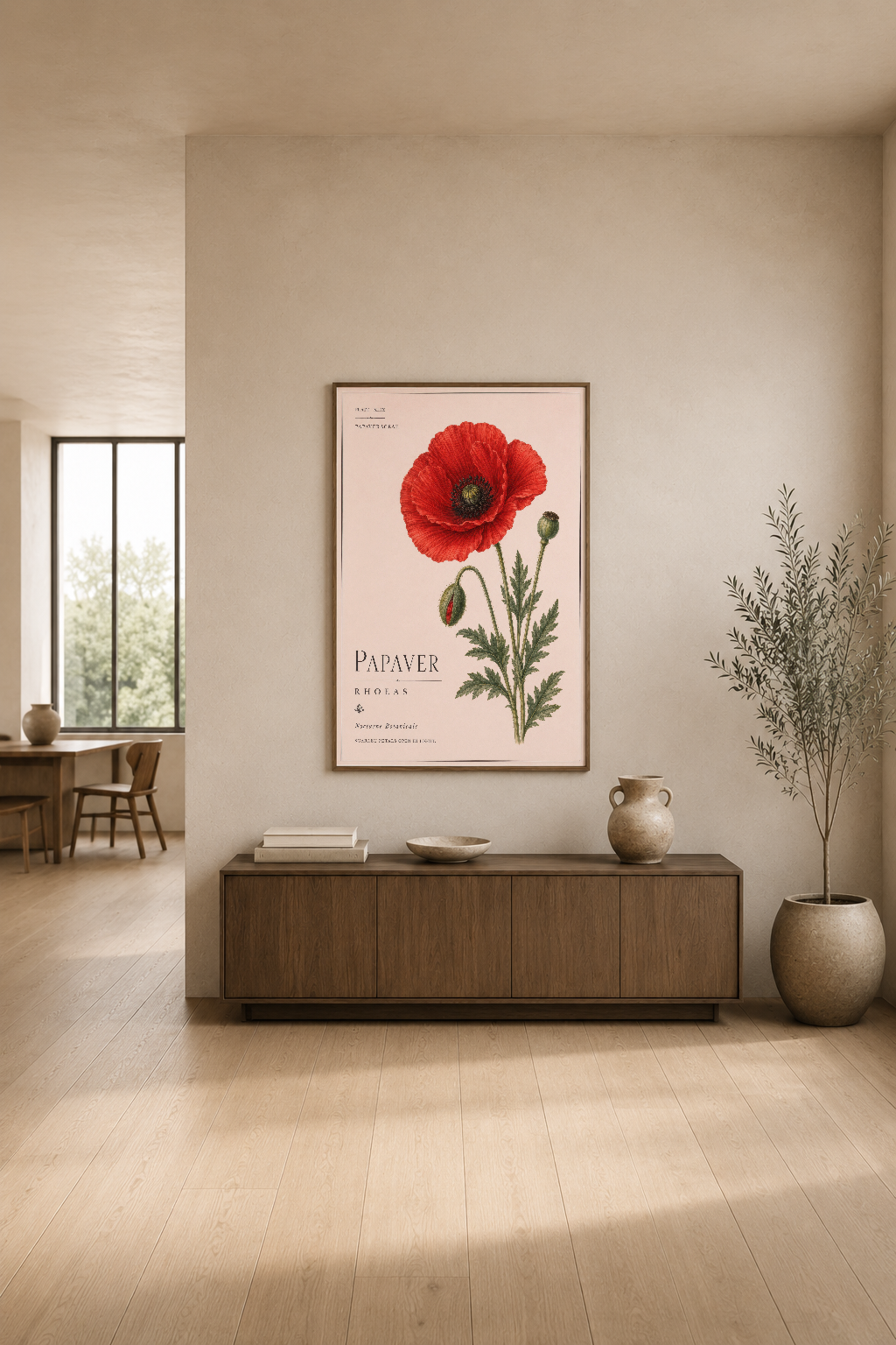 Haşhaş Rhoeas tablosu, modern oturma odasında ahşap komödin üstünde asılı, minimalist dekorasyon tamamlayan sanat eseri.