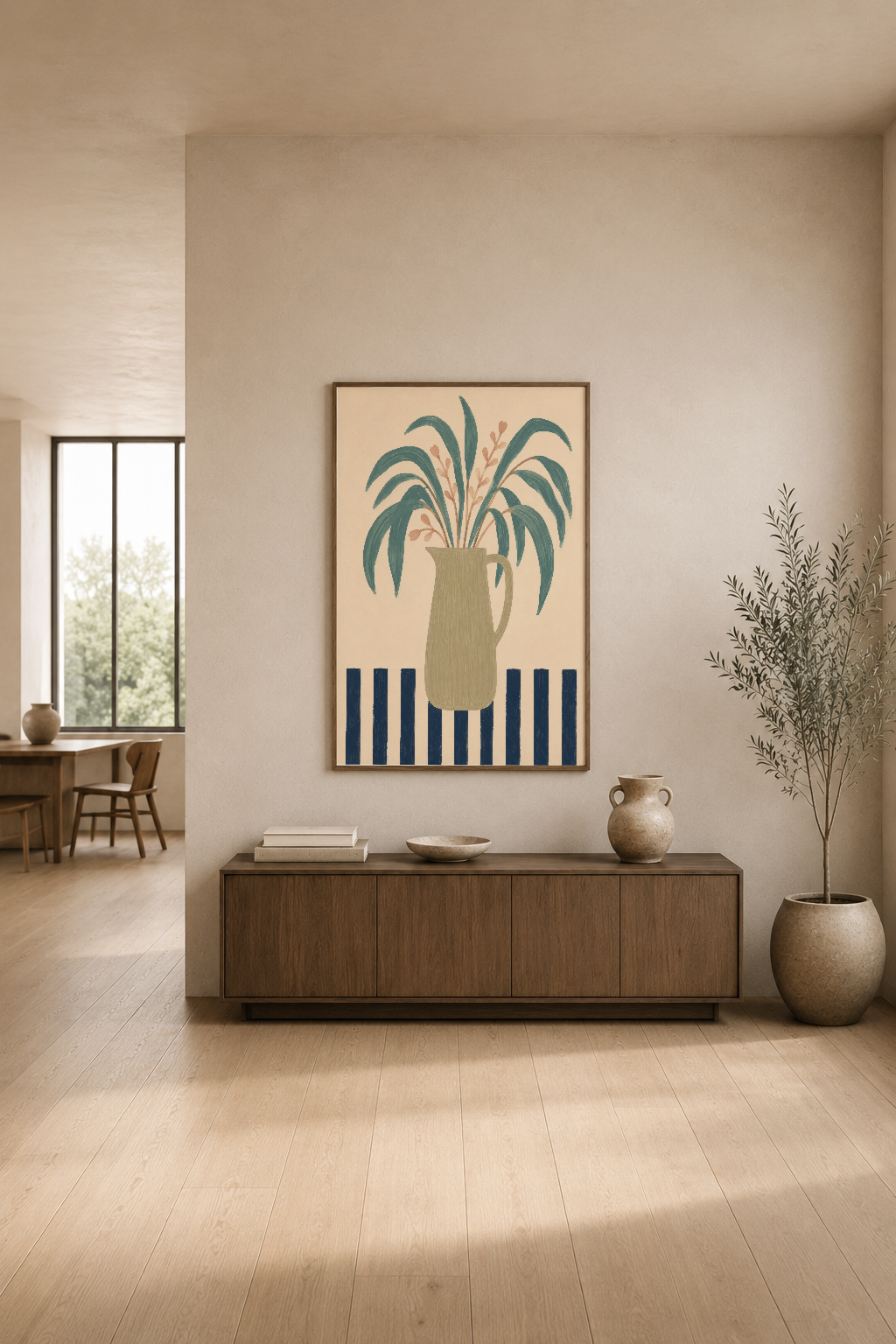 Minimalist oturma odasında, krem tonlu duvar üzerinde stilize bitki illüstrasyonlu çağdaş poster.