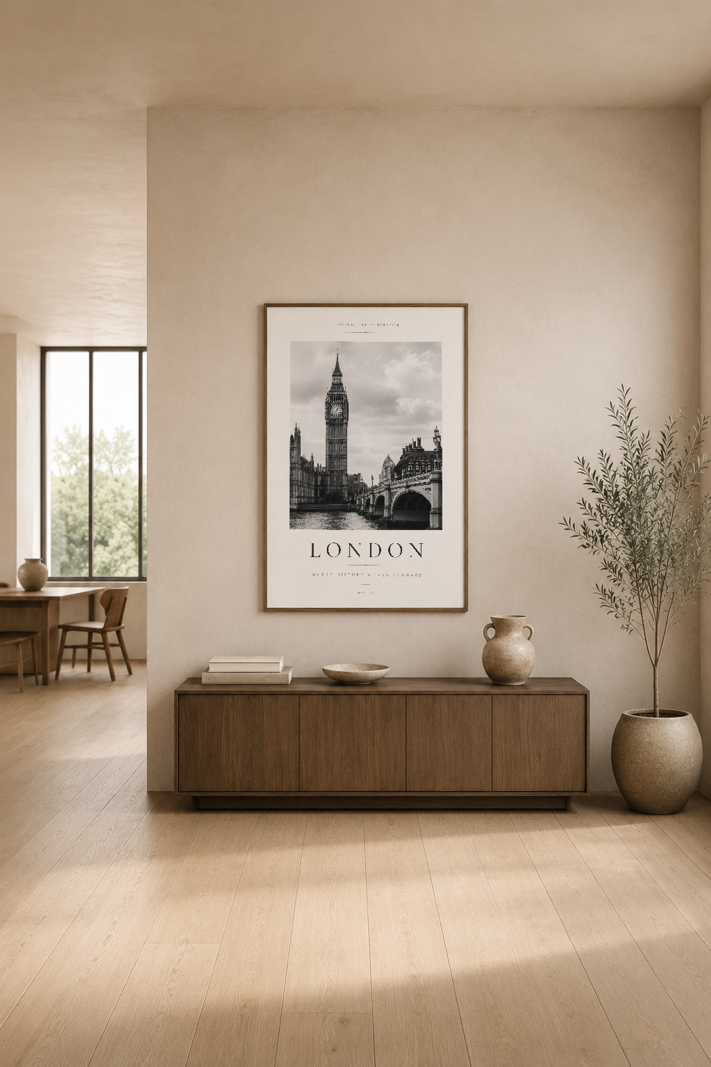 London posteri, açık renkli oturma alanında ahşap konsolun üzerinde sergilenen sakin ve modern iç tasarım.