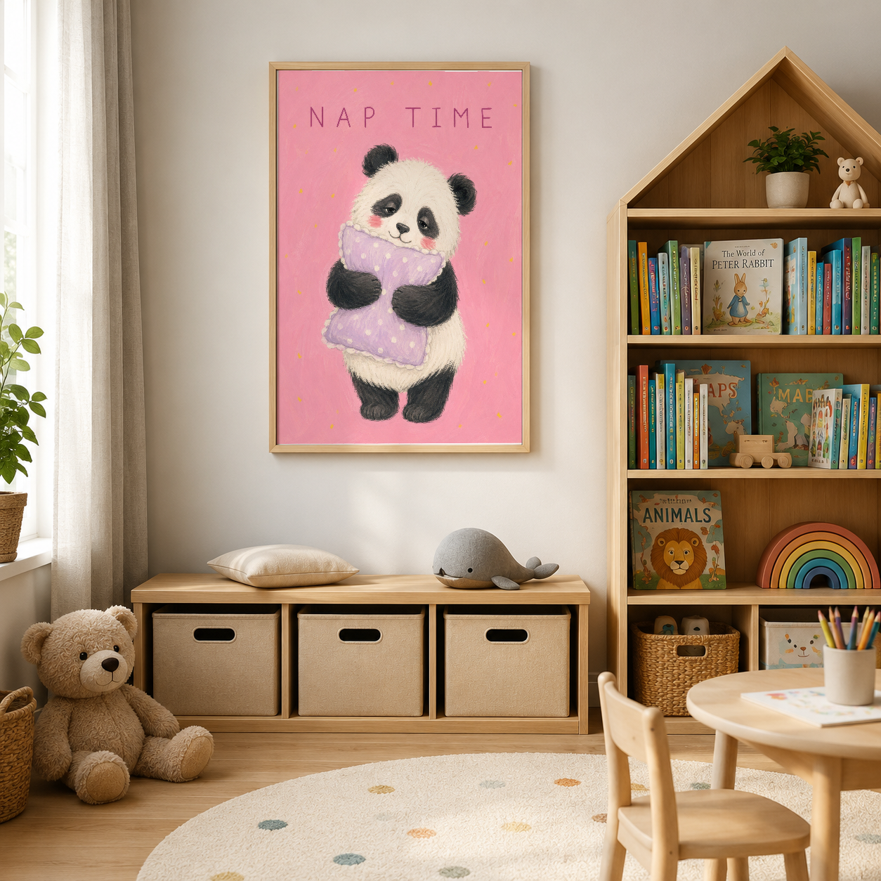 Lavanta renginde battaniyeli panda karakterinin yer aldığı Nap Time posteri, ahşap çerçevede odanın duvarını süslüyor.
