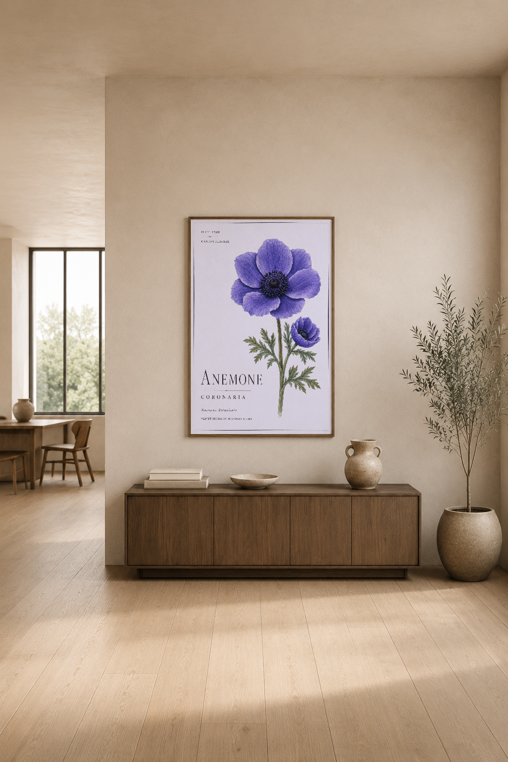 Anemone coronaria posteri, ahşap konsolun üstünde asılı, minimalist oturma odasına zarif doğal güzellik katan.