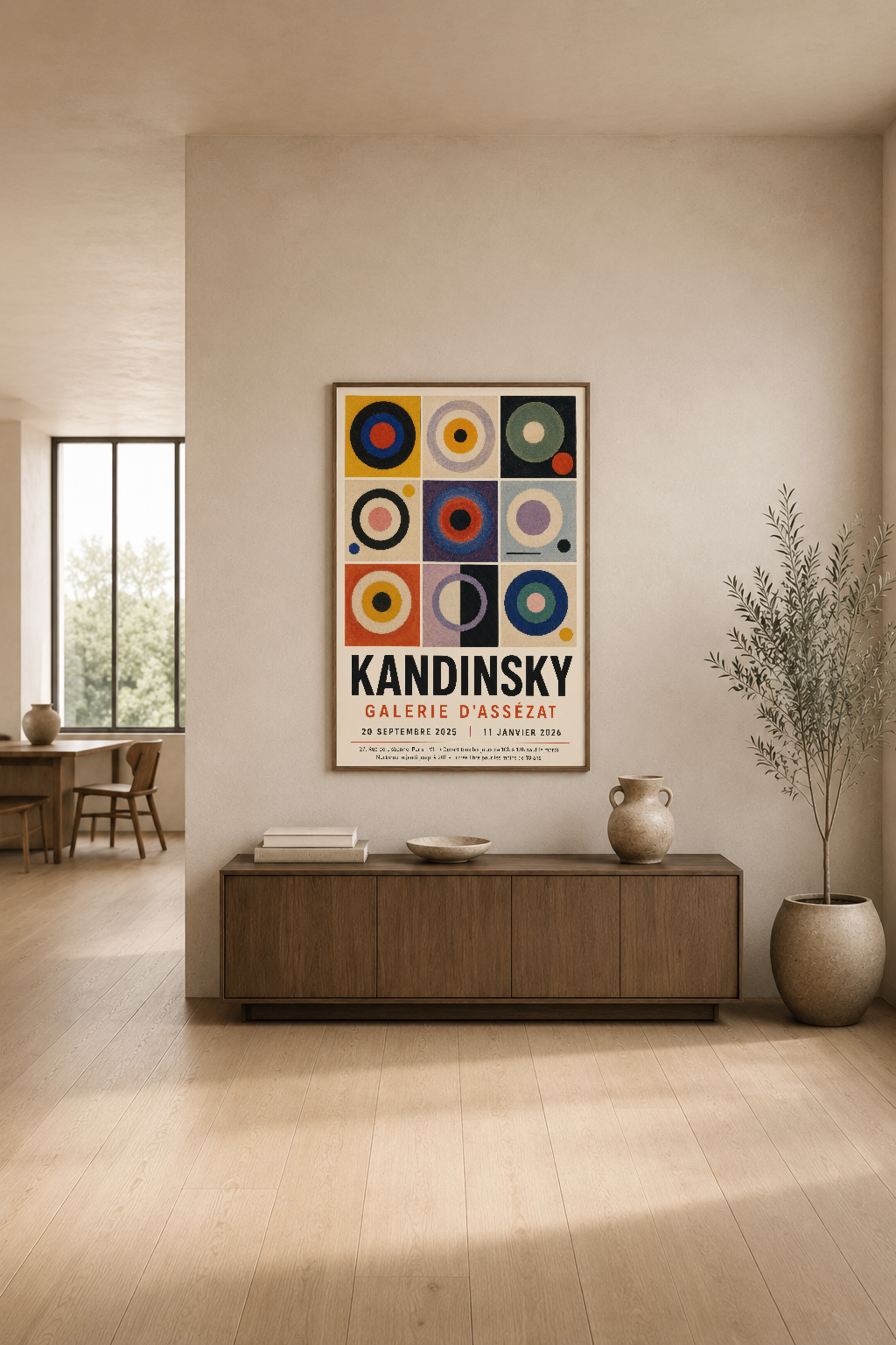 Kandinsky galeri posteri, minimalist modern oturma alanında çelik mobilya üzerinde zarif şekilde yerleştirilmiş.