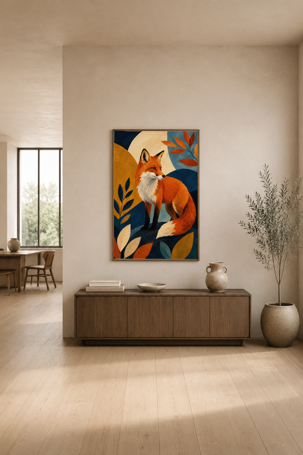 Stilize tilki tablosu, sıcak renklerle modern minimalist oturma odasının duvarında asılı
