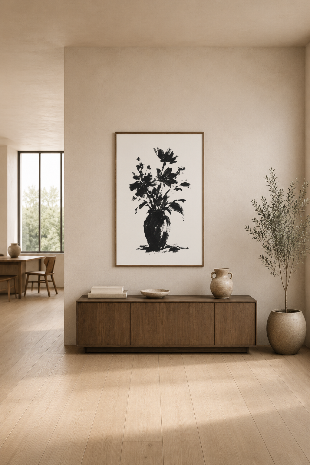 Minimalist siyah çiçek baskısı, ahşap mobilyaların üzerinde modern ve şık bir oturma alanında.