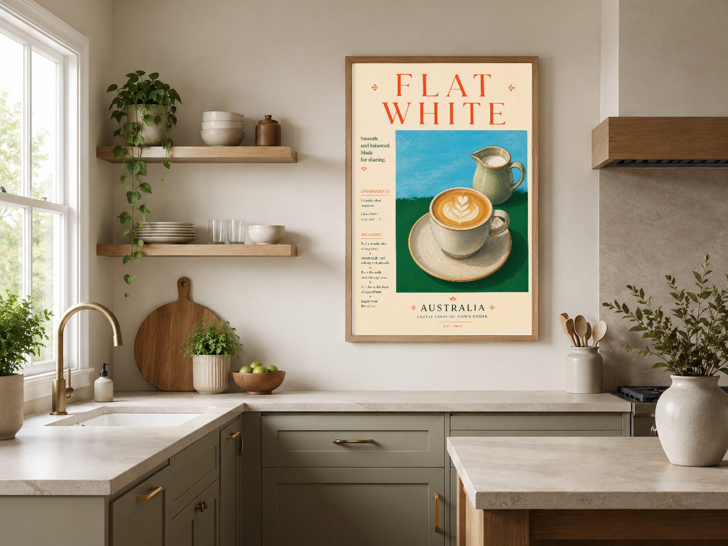Flat White kahve posteri, ahşap çerçeveli, şık mutfak dekorasyonunda retro Avustralya stili
