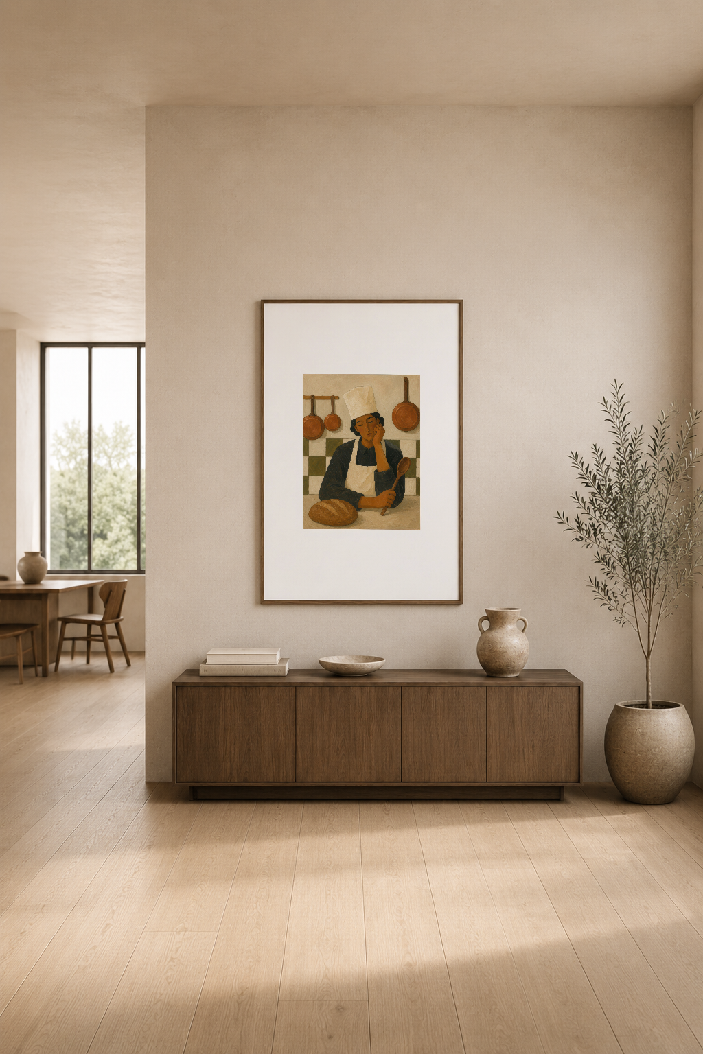 Modern oturma odasında konsol üstünde, pastel duvarlar arasında mutfak sahnesi tasvir eden retro tablo.
