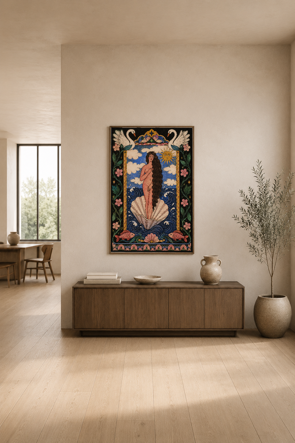 Klasik Venüs tasarım, modern minimalist oturma odasında ahşap şifonyer üzerinde duvar sanatı