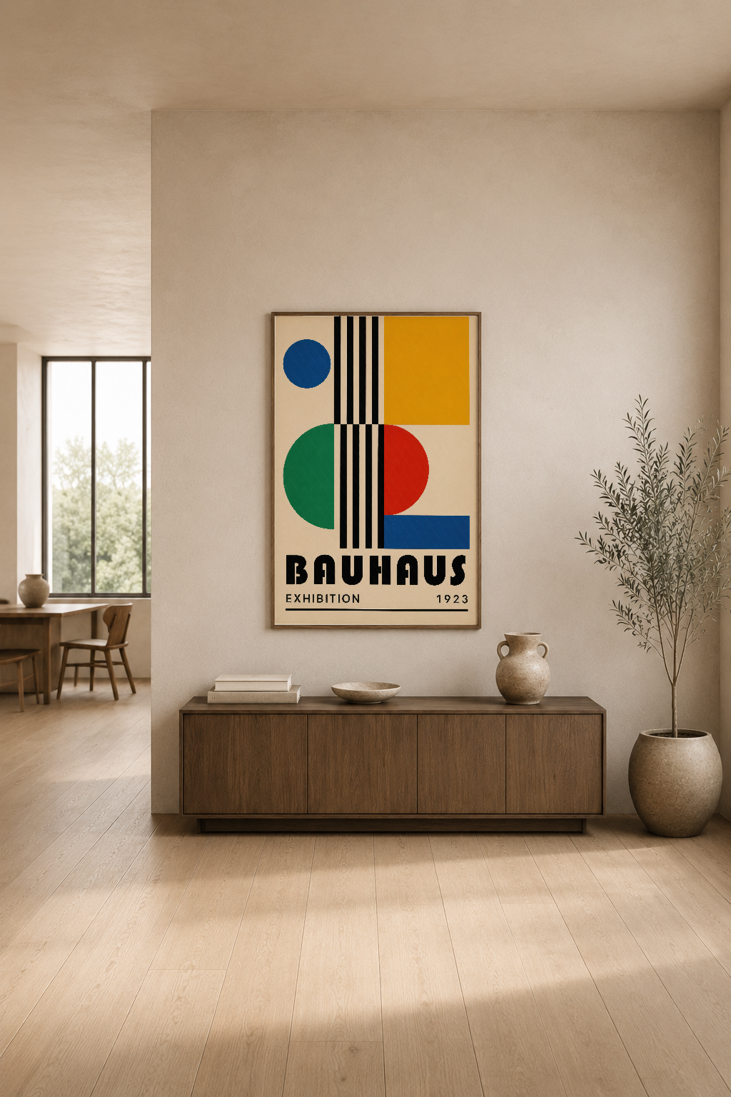 Bauhaus 1923 sergisi klasik posterini modern salon dekorasyonunda, nötr tonlu iç mekanda sergileme.