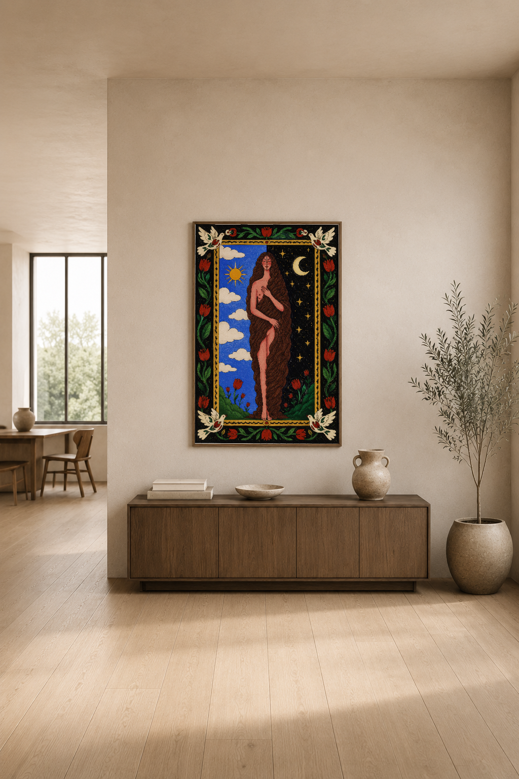 Çiçek motifli dekore duvarın üstünde, doğa temalı çiçeklerle birlikte sergilenen celestial sanat tablosu modern iç mekanda.