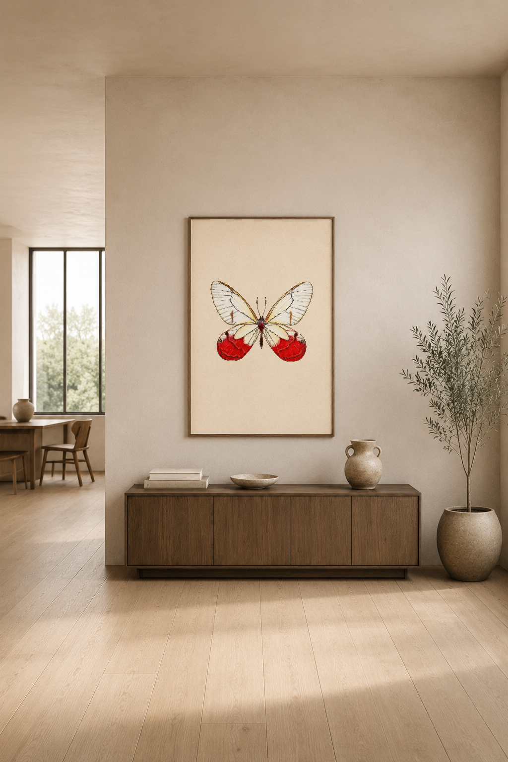 Kırmızı elmalardan çıkan zarif kelebek ilustrasyonu, modern oturma odasının duvarında doğal ışığla parlayan bir poster.
