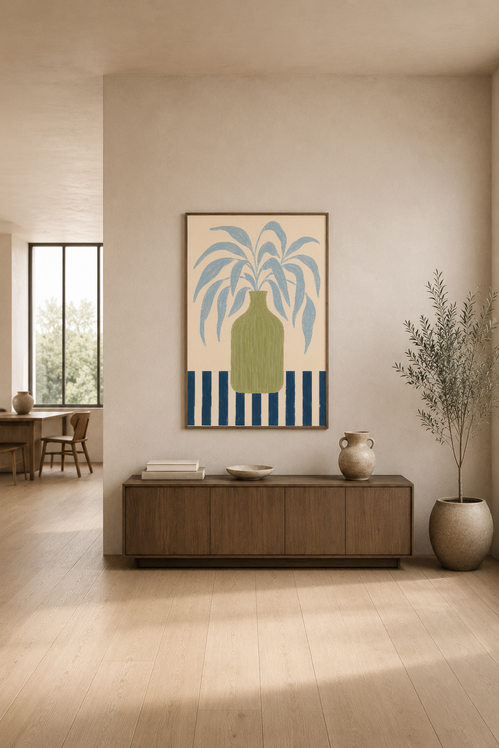 Geometrik desenli yapraklar ve çizgilerle tasarlanmış modern sanat posteri, ev dekorasyonunda.