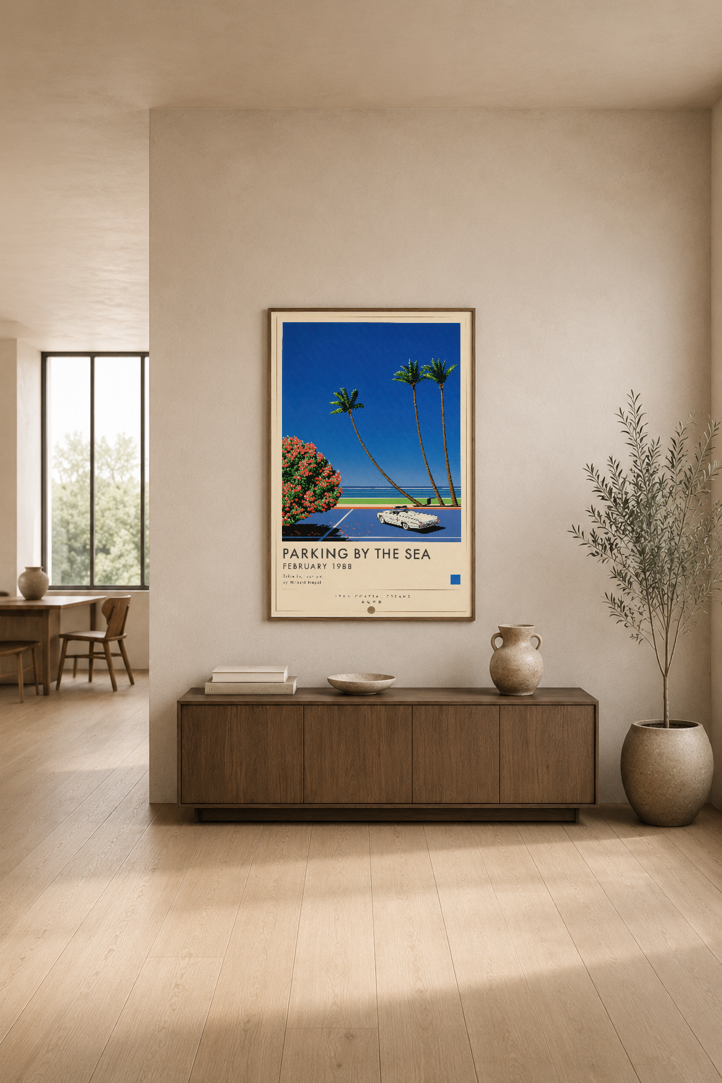 Retro tasarımlı deniz manzaralı poster, modern bir yaşam odasının üst duvarında sergilenen şık dekorasyon.