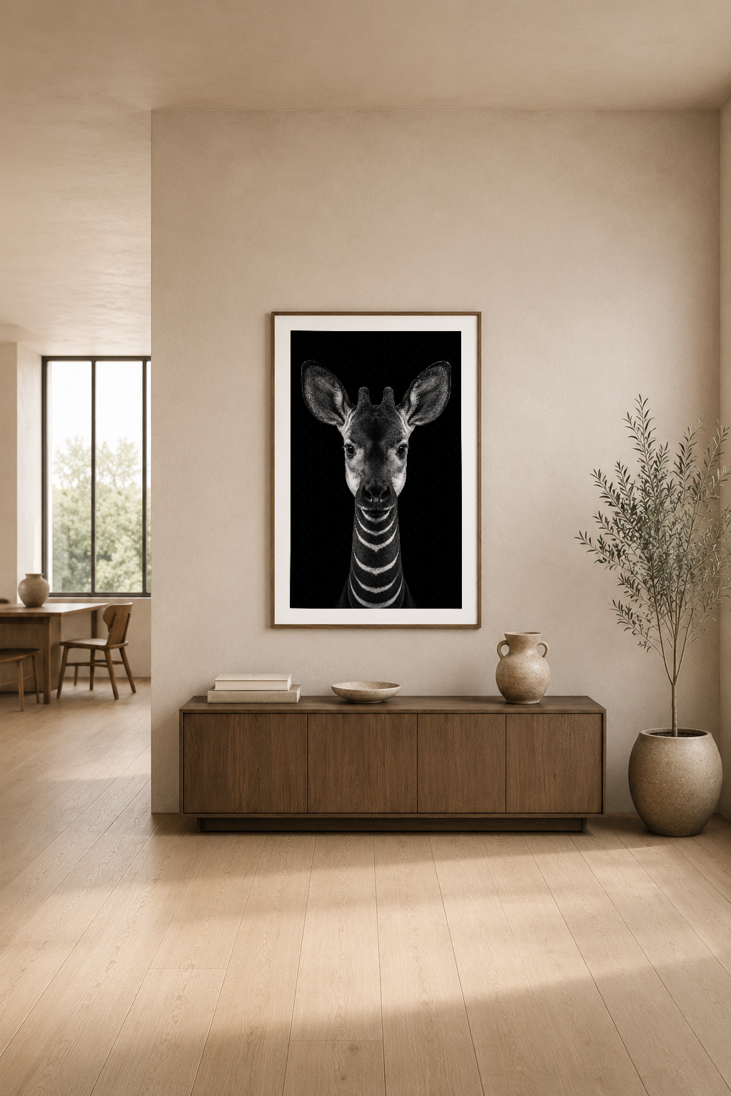 Zebra başı konulu minimalist poster, modern oturma odasının duvarında şık bir dekorasyon.