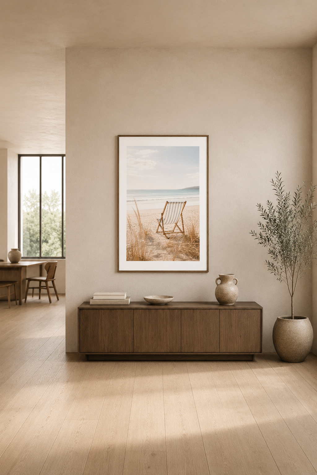 Endüstriyel mekanda, ahşap konsol üstünde sergilenen, kıyı ve sandalye konulu minimalist poster.
