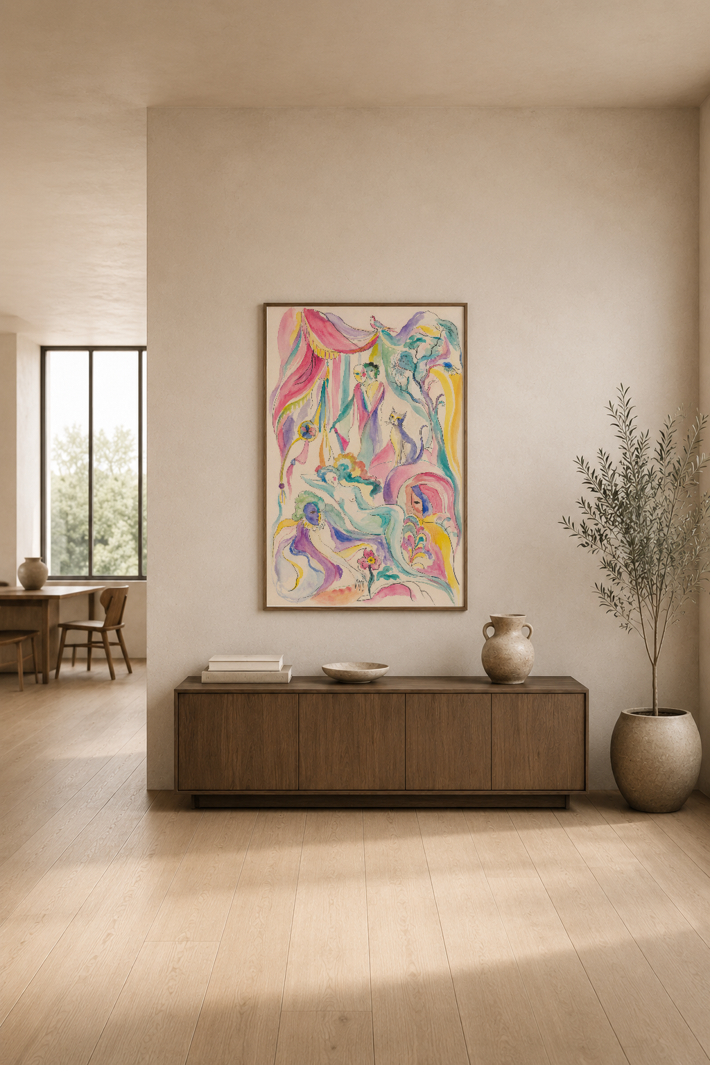 Çok renkli soyut tasarım, akışkan şekiller ve dinamik renk geçişleriyle modern oturma alanında sergilenen poster.