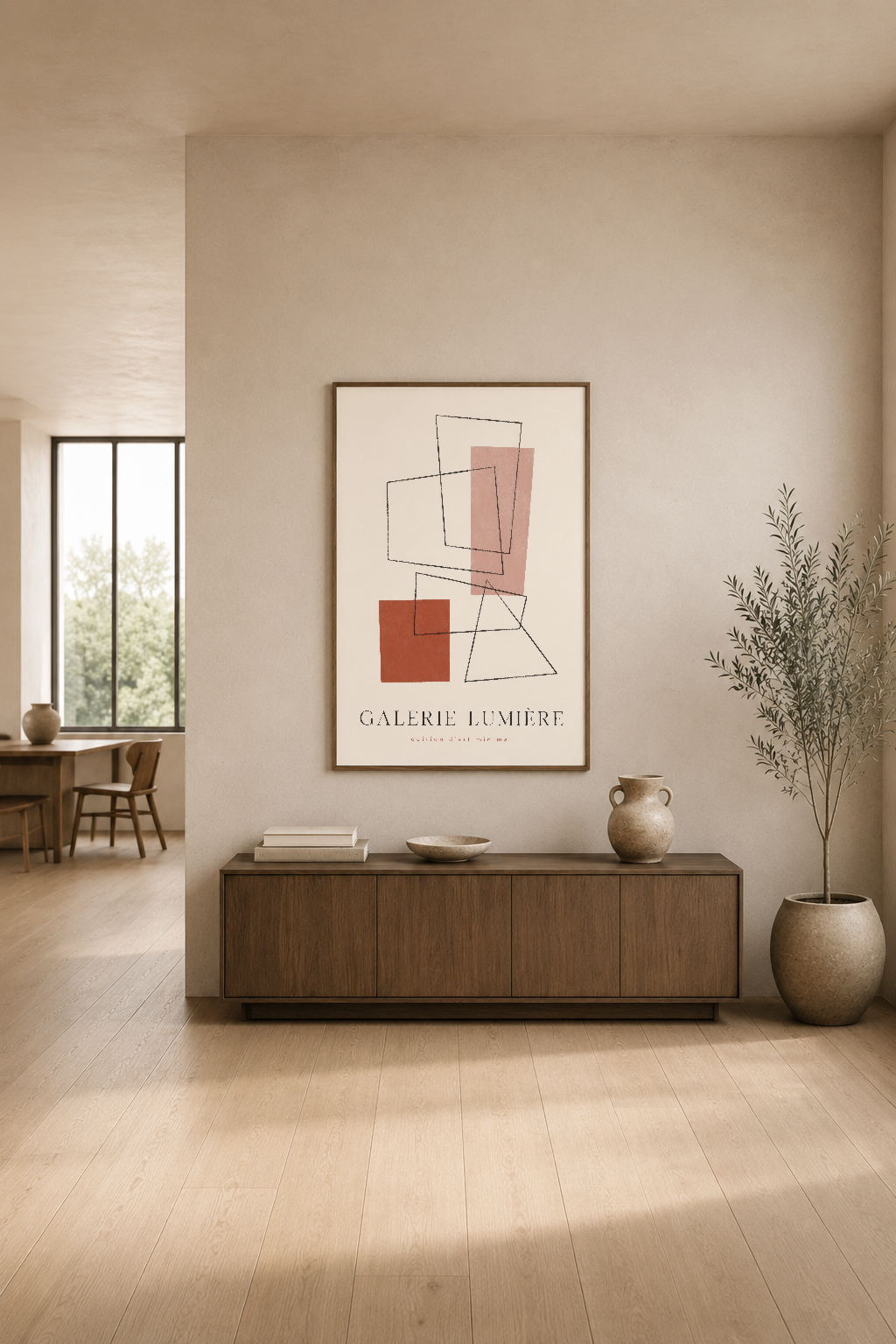 Modern ev dekorasyonunda duvar tablosu, sade iç tasarımda geometrik sanat işi.