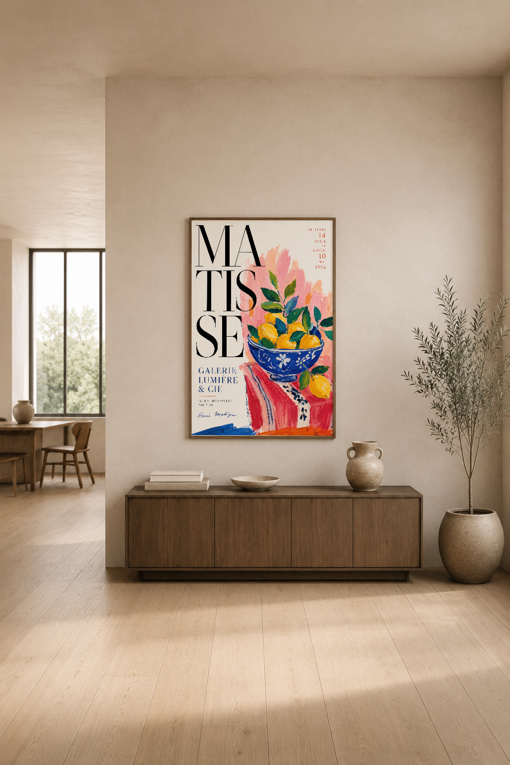 Matisse sanat posteri, renkli çiçek motifleri ve tipografik tasarımla modern oturma alanını canlandırıyor.