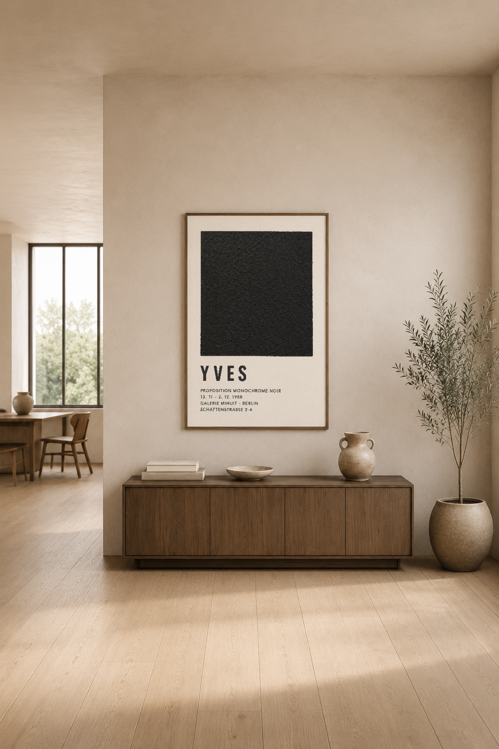 Minimalist oturma odasında, krem duvarına asılı YVES siyah kare tasarımı modern dekorasyon.