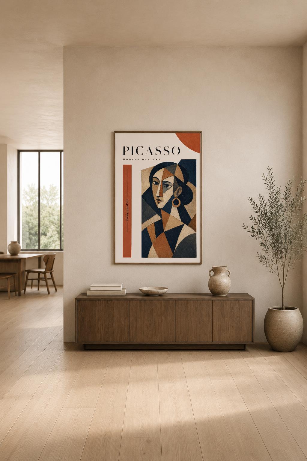 Picasso Modern Gallery posteri, contemporary oturma alanında ahşap konsol üstünde zarif şekilde konumlandırılmış.