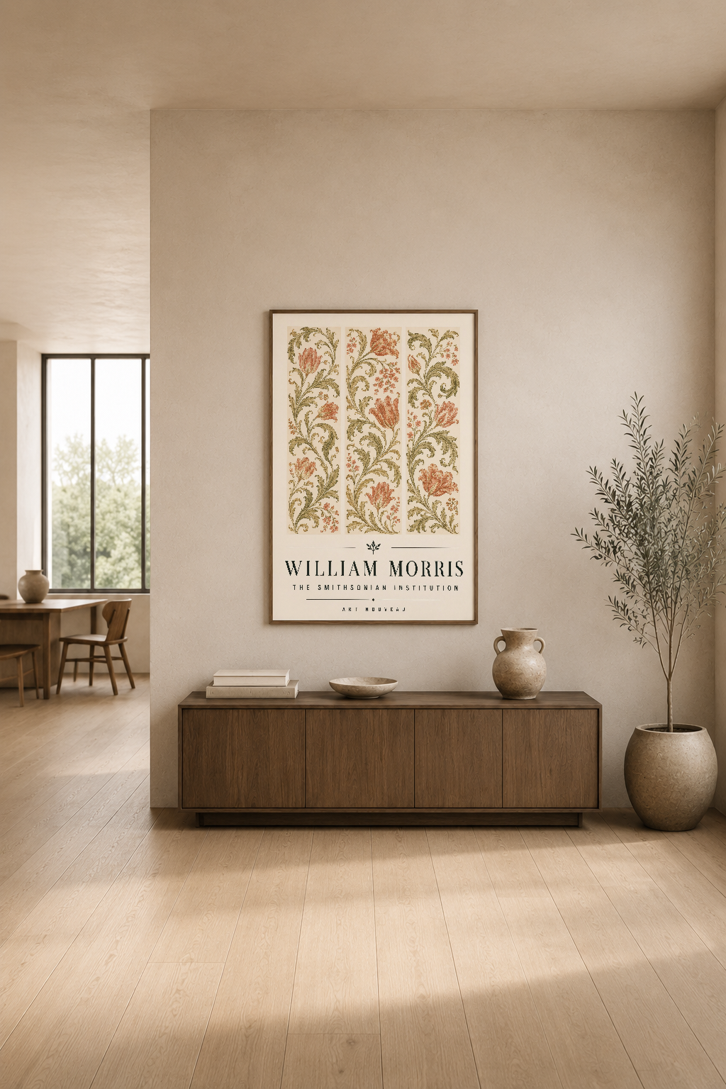 Klasik iç mimariye uygun William Morris botanik tablosu, modern oturma alanında şık duvar dekorasyonu.