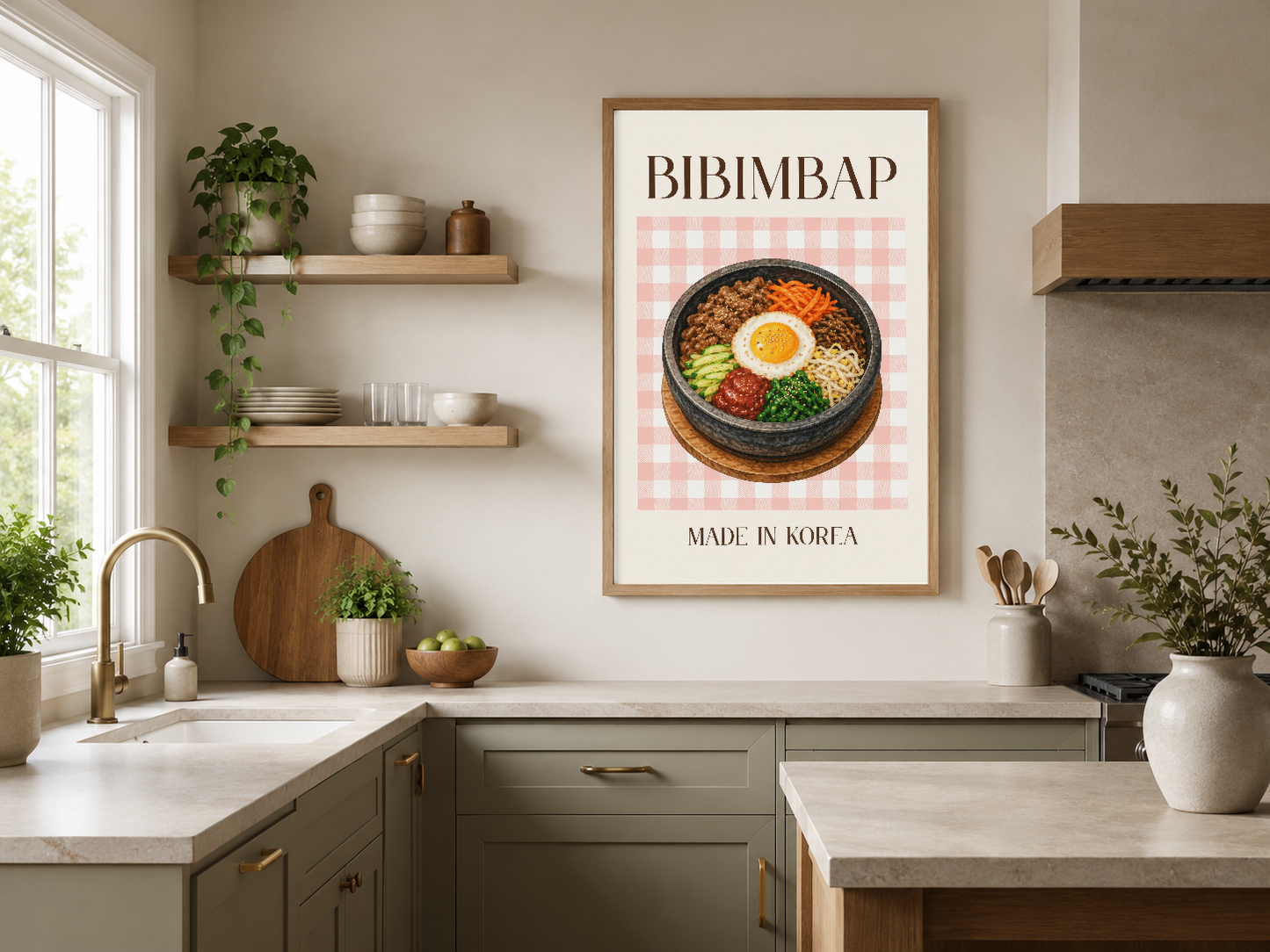 Bibimbap sanat baskısı, ahşap çerçeveli, kontrastlı mutfak ortamında duvar dekorasyonu olarak.