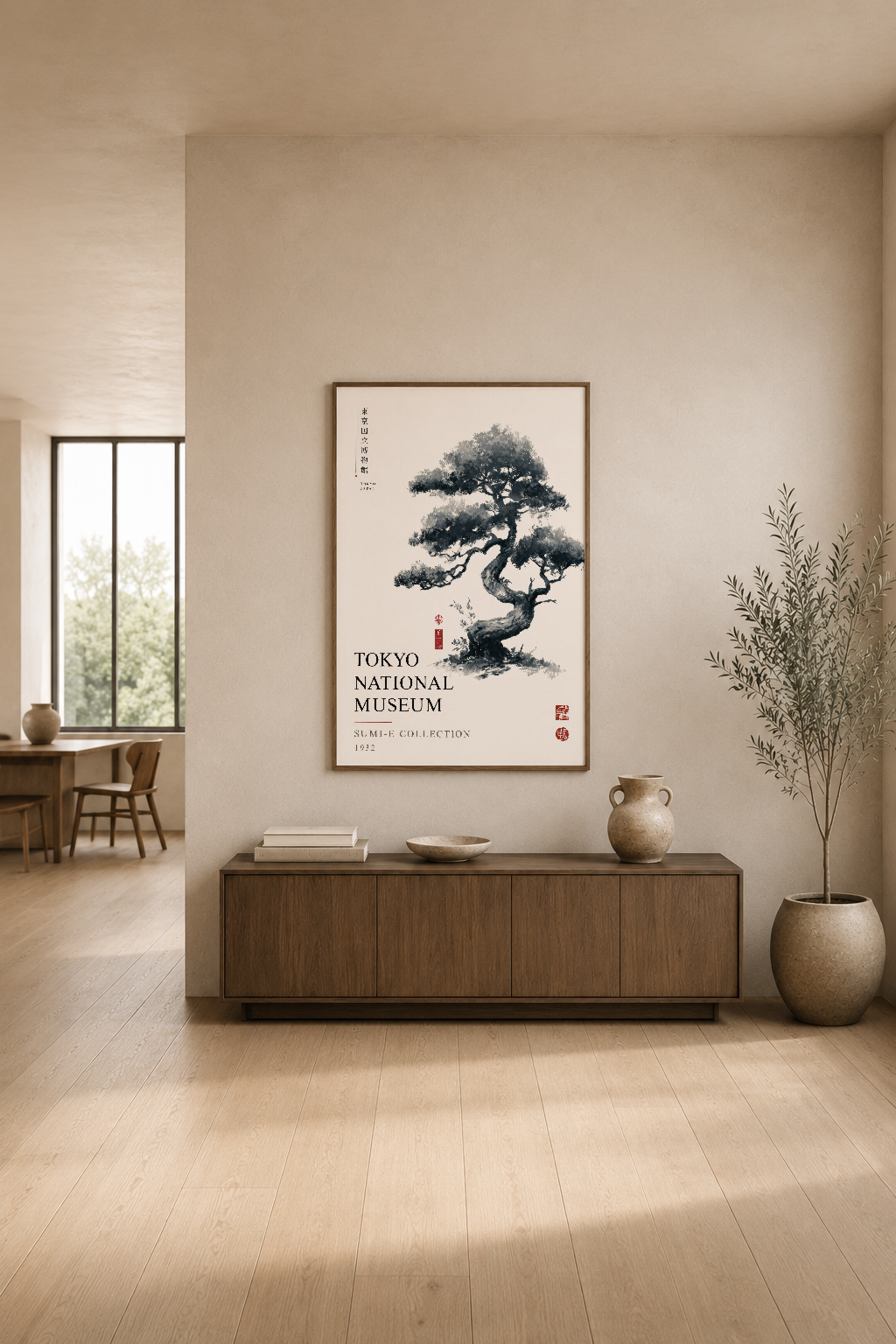 Zen esintili bonsai motifli poster, modern oturma odasında dekoratif ahşap konsol üstünde sergileniyor.