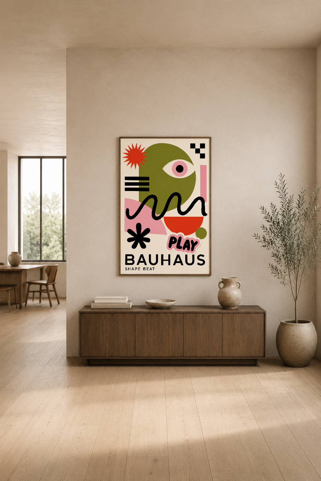 Bauhaus Shape Beat duvar tablosu, modern oturma odasında sade tasarımla minimalist dekorasyonu tamamlıyor.