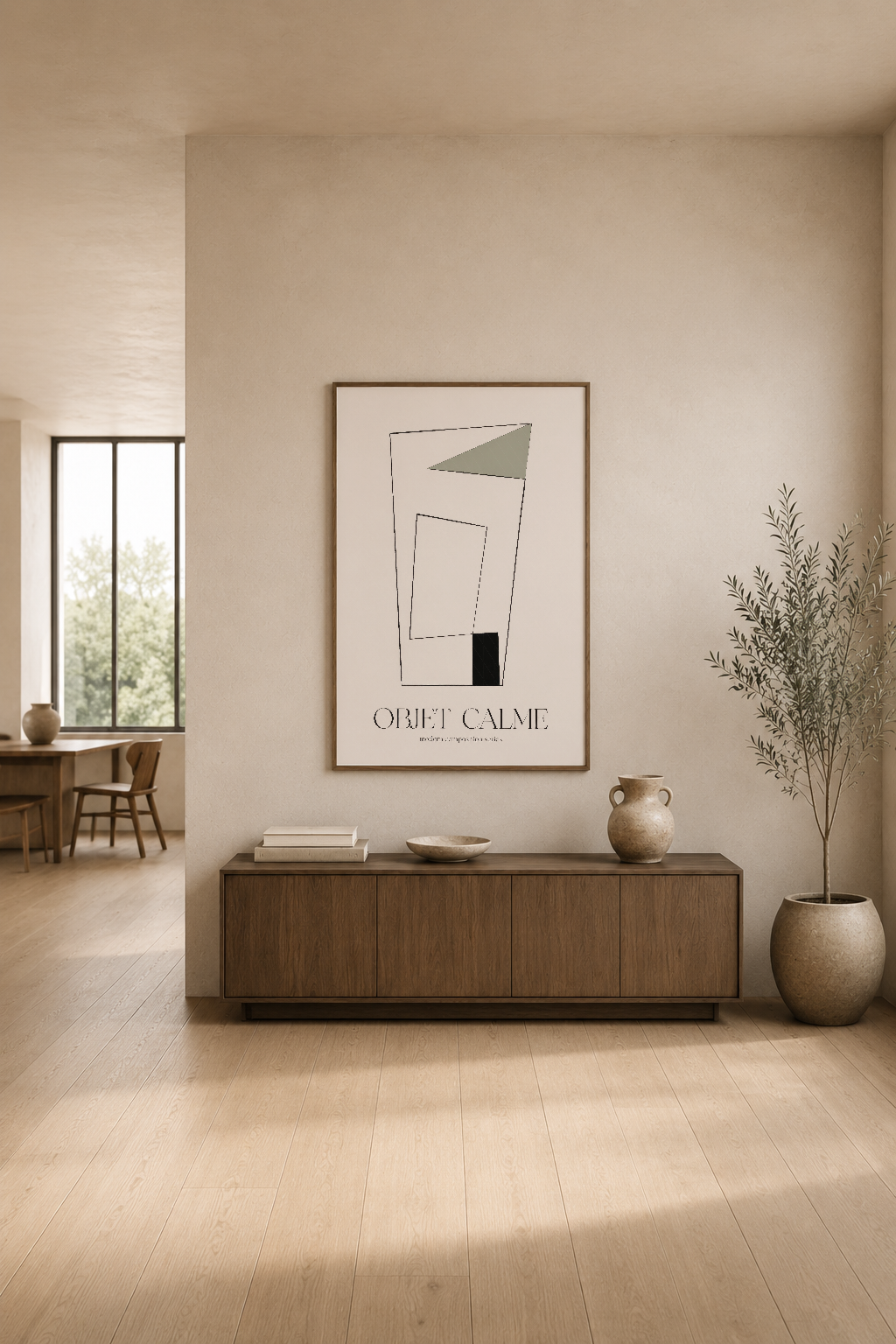 Objet Calme tasarımı, modern oturma alanında konsol üstünde asılı, minimalist dekorasyon ile.