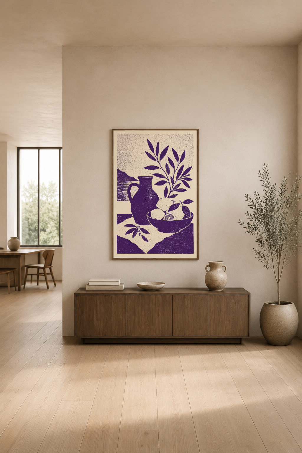 Mor ve krem renginde geometrik tarzda sanat tablosu, minimalist oturma odasında mobilya üstünde sergilenen dekoratif poster.
