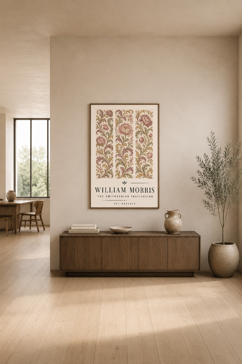 William Morris botanik tablo, minimalist modern yaşam alanında, doğal ışık ve ahşap dekorasyon ile zarif uyum.