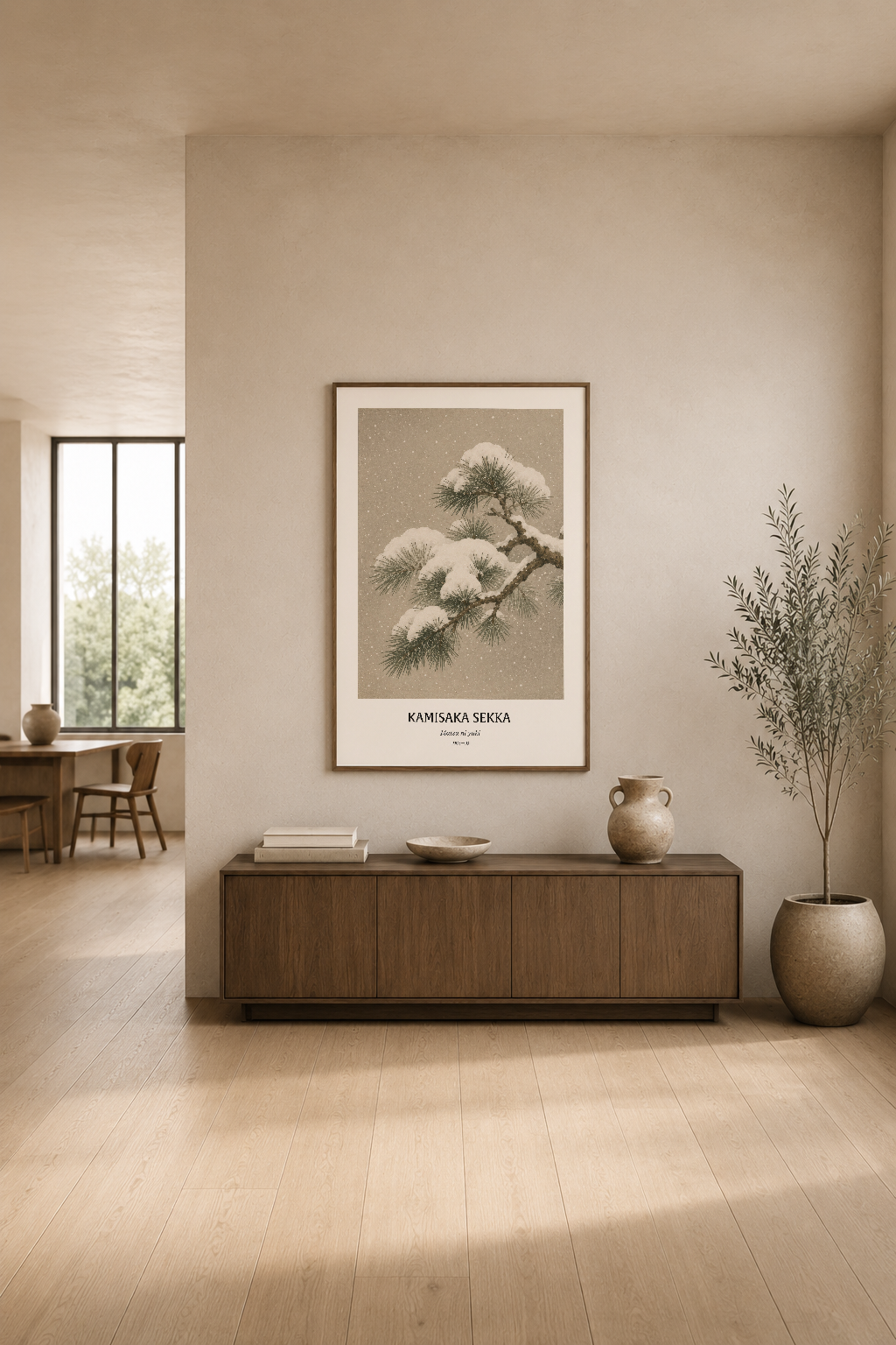Kamisaka Sekka posteri, ahşap aparatör üstünde modern oturma odasının ana dekorasyon öğesi olarak yer alıyor.