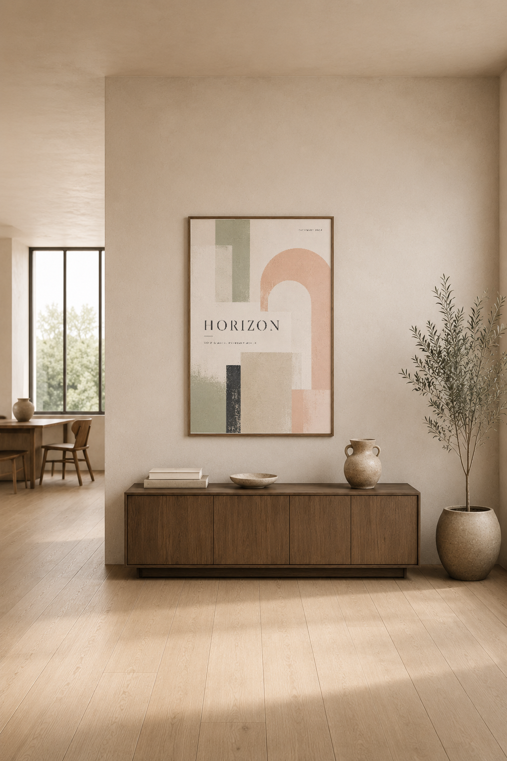 Horizon modern poster, nötr tonlarda döşenmiş oturma odasında sade dekorasyon stilini tamamlıyor.