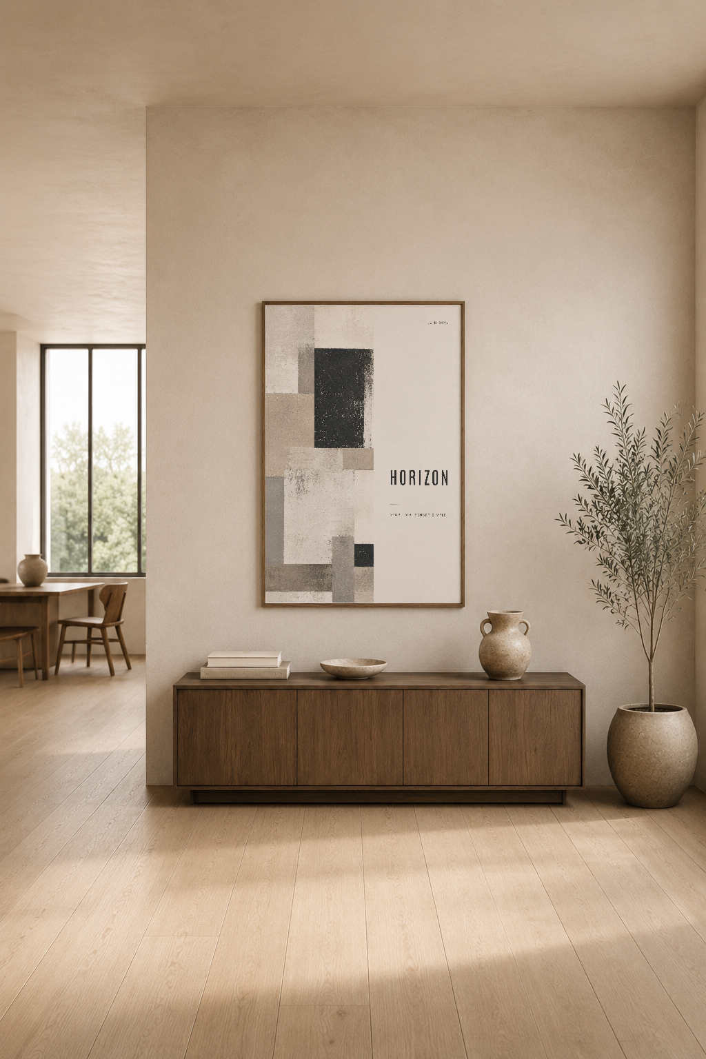 Nötr tonlarda soyut şekiller ve tipografi içeren Horizon tablosu, modern oturma odasının odak noktası olarak asılı.