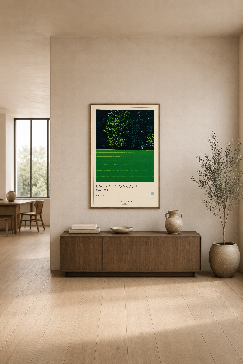 Emerald Garden posteri, modern oturma odasında komödin üstüne asılı, doğal dekorasyon aksesuarlarıyla.