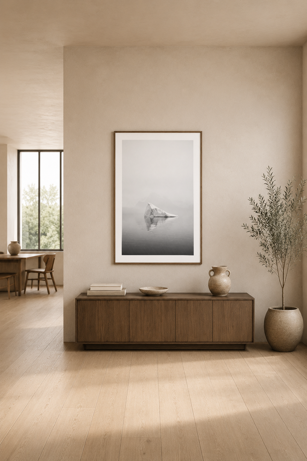 Sade ve havadar oturma odasında, tv ünitesi arkasında çağdaş siyah beyaz buz dağı sanat eseri.