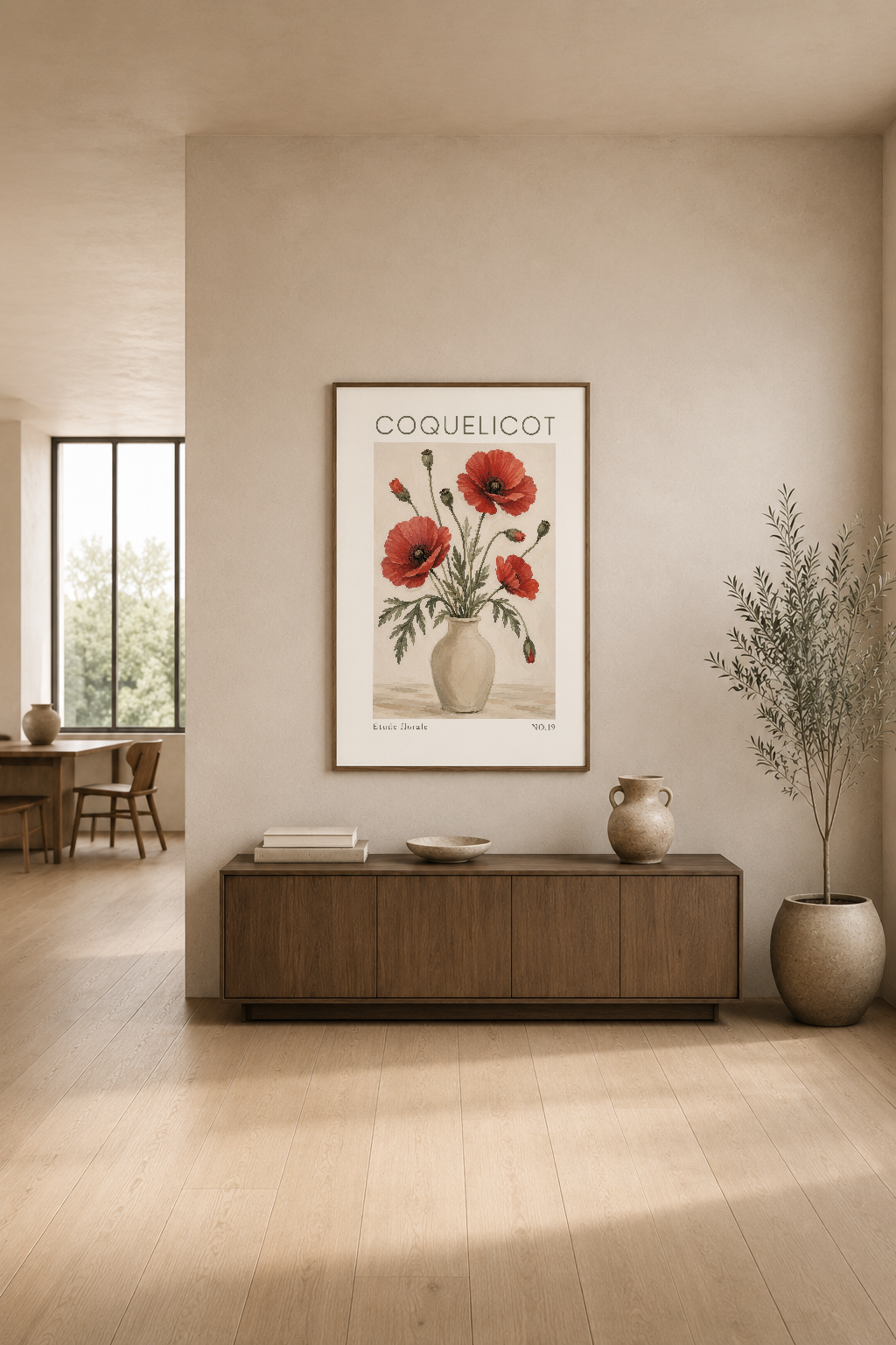 Coquelicot konulu sanat tablosu, modern oturma odasının duvarında ahşap konsol üstünde asılı.