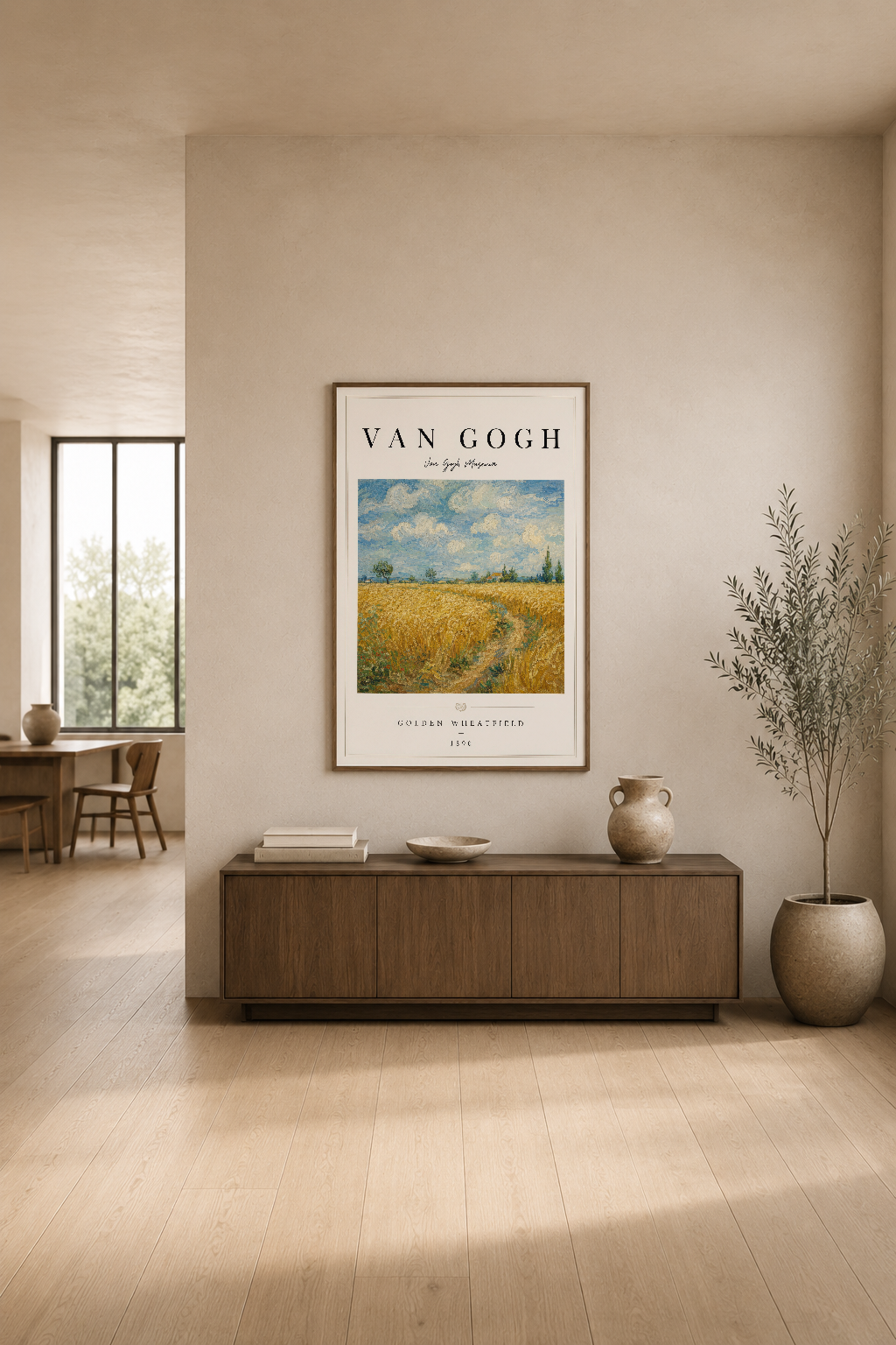 Van Gogh Altın Buğday Tarlası posteri, modern oturma odasında şık ahşap mobilya ve doğal ışık ile dekorasyonu tamamlayan