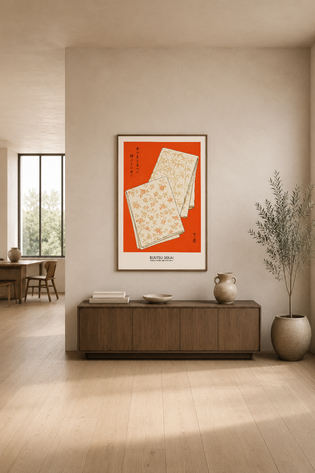 Kumaş koleksiyonu motifleriyle oluşturulan, turuncu ve krem tonlarındaki modern poster, açık oturma alanının üst duvarında