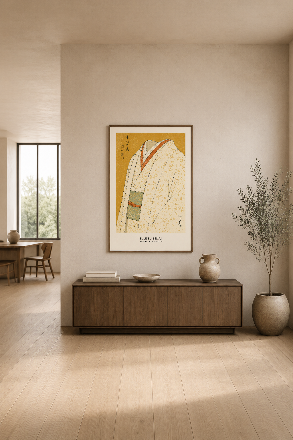 Açık renkli modern oturma alanında, konsol üstündeki duvar tablosunda çiçek desenli kimono tasarımı.