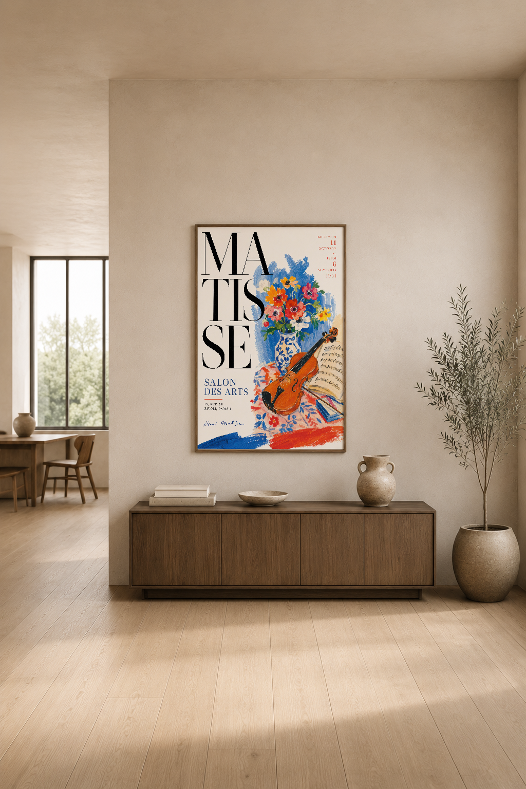 Matisse Salon des Arts posteri, minimal oturma odasında konsol üstünde, renkli çiçek ve müzik temasıyla.