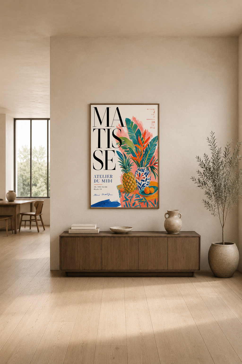 Matisse atelier tablosu, minimalist oturma odasında, ahşap konsol üstünde sakin ve zarif dekorasyon.