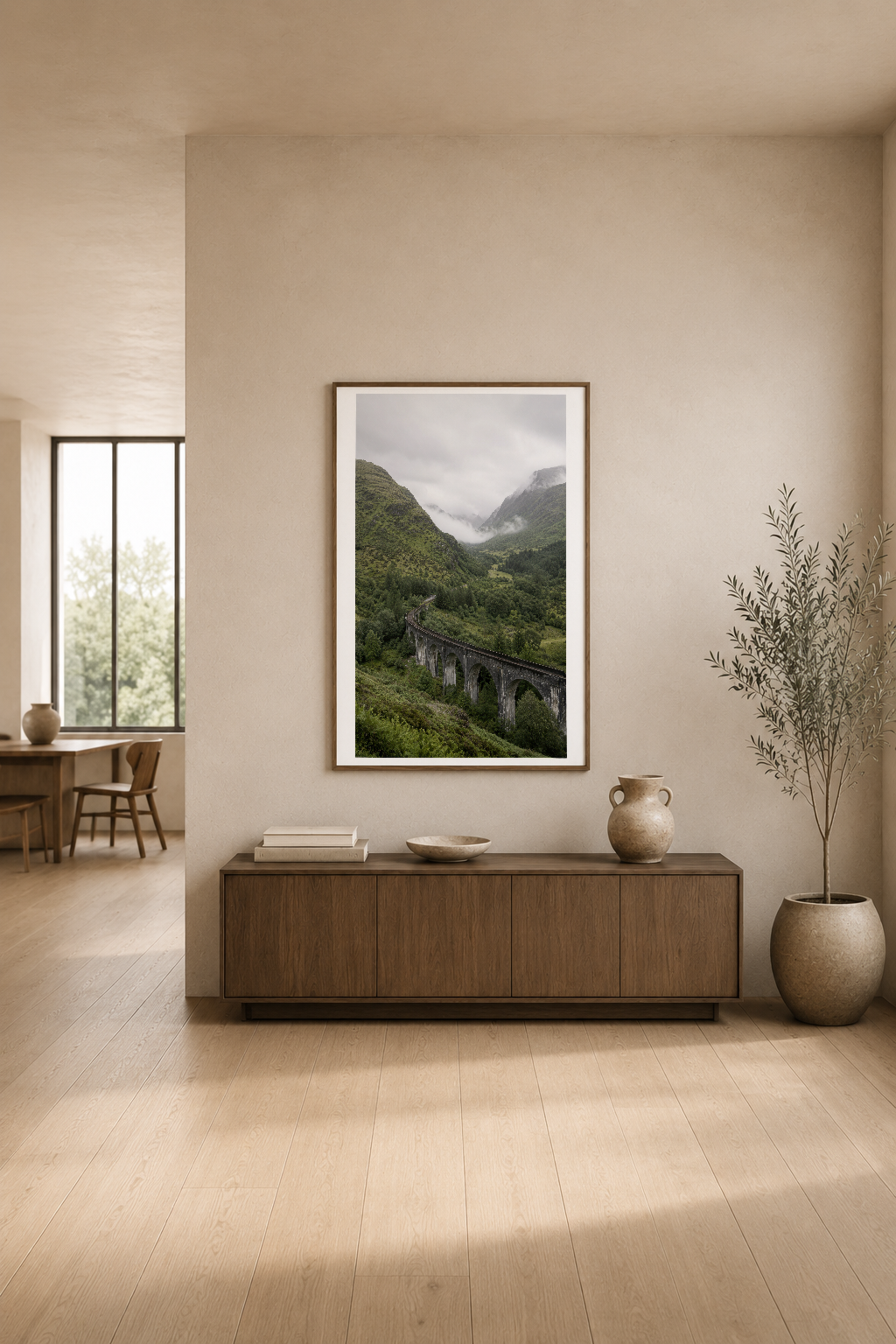 Minimalist oturma alanında, ahşap konsol üzerinde sergilenen dağ manzarası tablosu doğal ışığla aydınlanmış.
