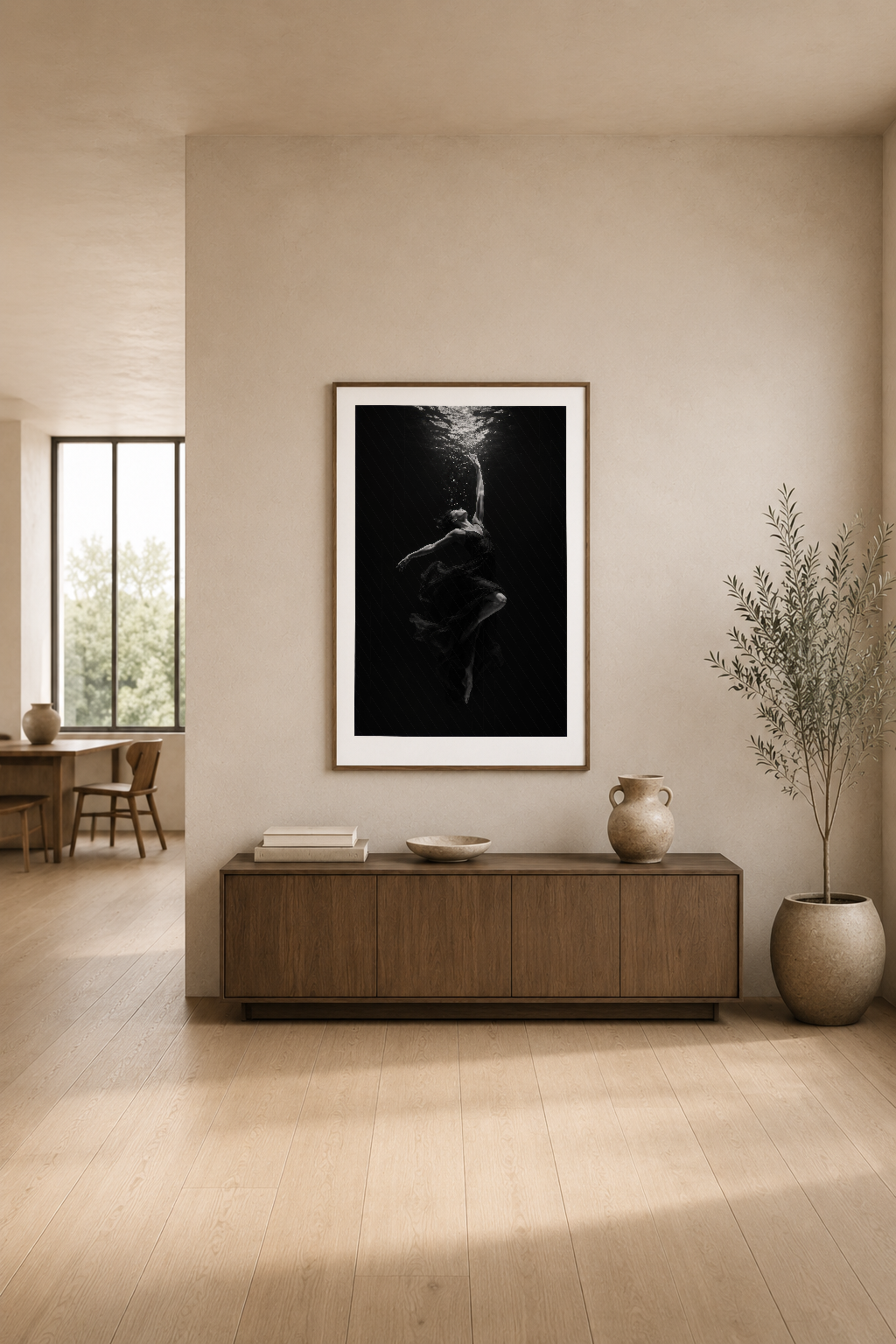 Minimalist oturma alanında duvar tablosu, ahşap konsol ve seramik vazonun yanında modern dekor sahnesi.